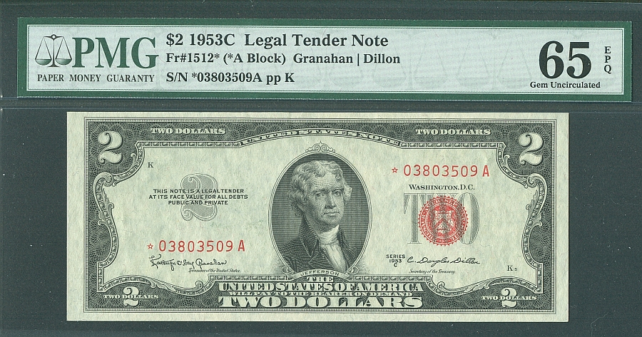 Fr.1512* (A Block), 1953C $2, Legal Tender Star Note, GemCU, PMG65-EPQ